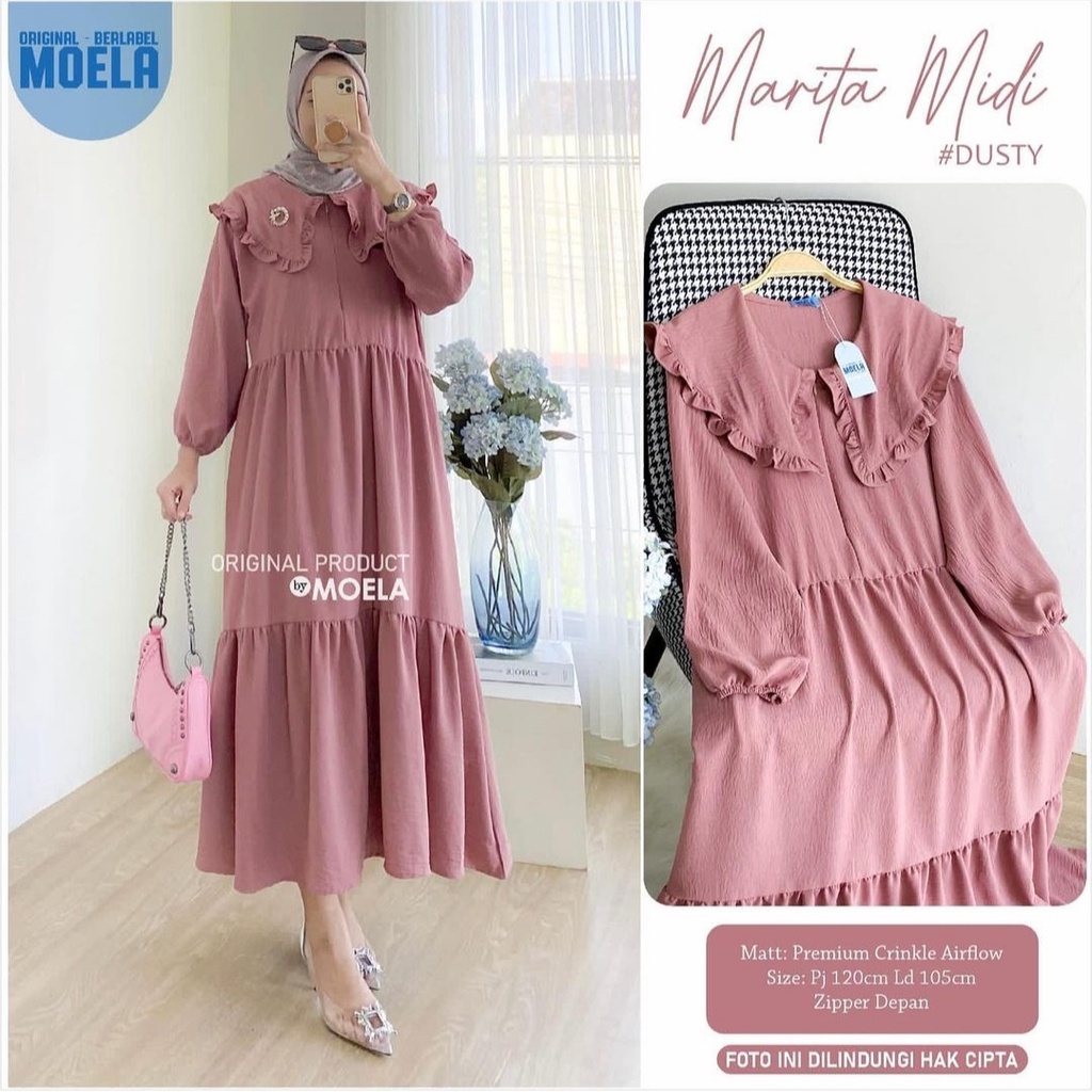 Ramdan Collection - Marita Midi Dress Muslim Bahan Rayon Crinkle Airflow Premium Jumbo Dress Kondangan Lebaran Remaja Terbaru 2023 Lucia Korean Style