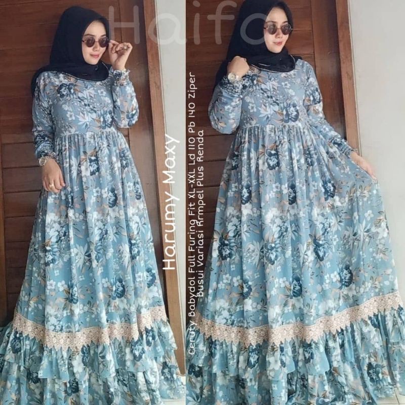 GAMIS HARUMI, BAHAN CERUTY BABYDOLL FULL FURING, LD.110 PB.140, BUSUI, APLIKASI REMPEL RENDA