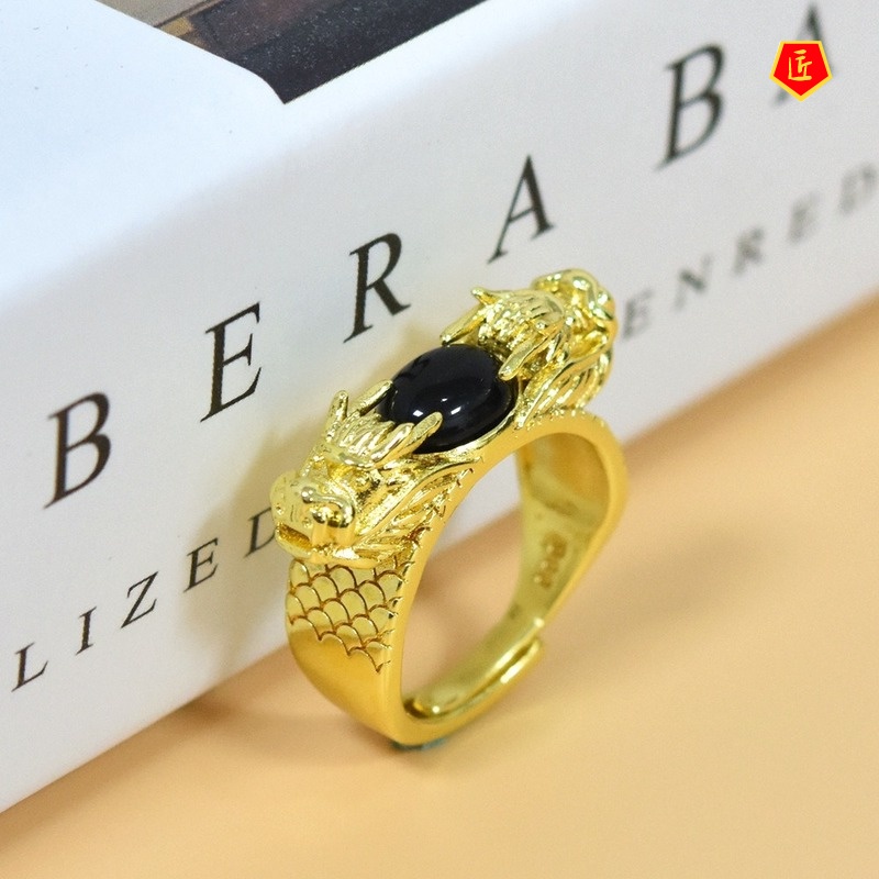 [Ready Stock]Gold Inlaid with Jade Gem Two Dragons Open Ring