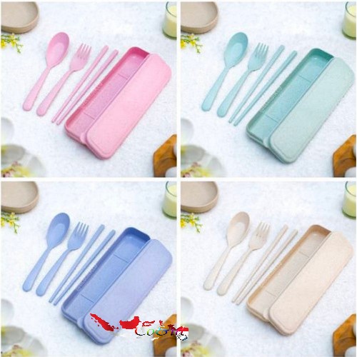 Sendok Garpu Sumpit Set Portabel / Alat Makan Portable Bahan Jerami Gandum