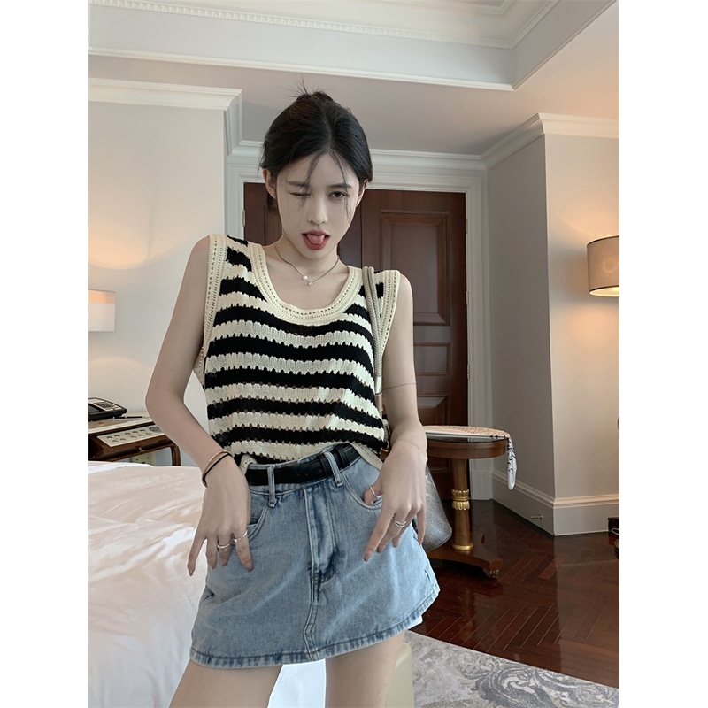 Suhao Tanktop Versi Korea Bergaris Rajutan Kamisol Rompi Wanita Musim Panas Retro Gadis Panas Longgar dan Tipis Pakaian Luar Dalam Bawahan Top