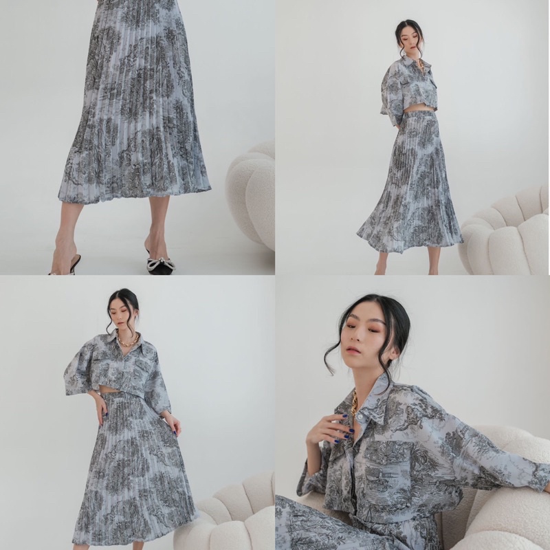 Alana SET | Set motif atas kemeja bawah rok plisket viral premium