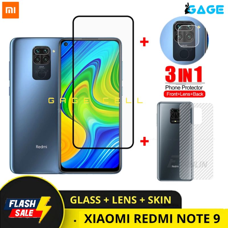 PROMO 3IN1 TEMPERED GLASS LAYAR KAMERA SKIN CARBON REDMI NOTE 9 NOTE9 TG ANTI GORES DEPAN BELAKANG