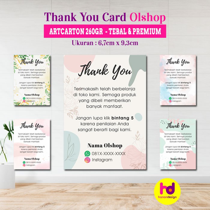 

Thank You Card Olshop Custom Bahan Artcarton 260gr Tebal & Premium