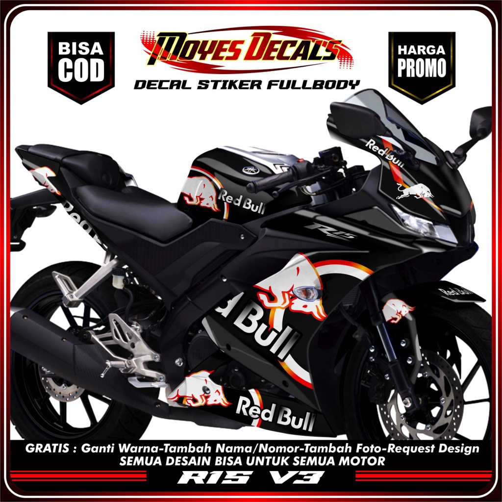 Decal Sticker R15 V3 - Model Red bulls Hitam Merah Putih