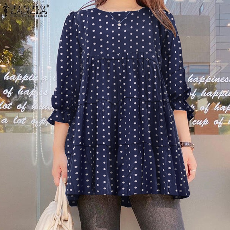 ZANZEA Women Long Sleeve Polka Dot Printing Casual Round Neck Blouse
