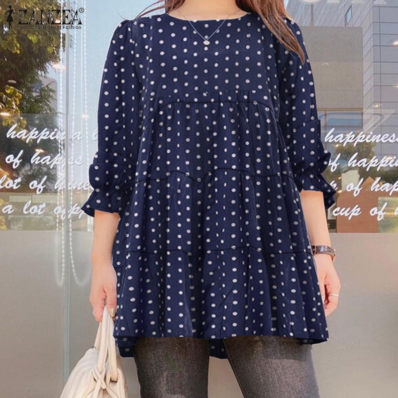 ZANZEA Women Long Sleeve Polka Dot Printing Casual Round Neck Blouse