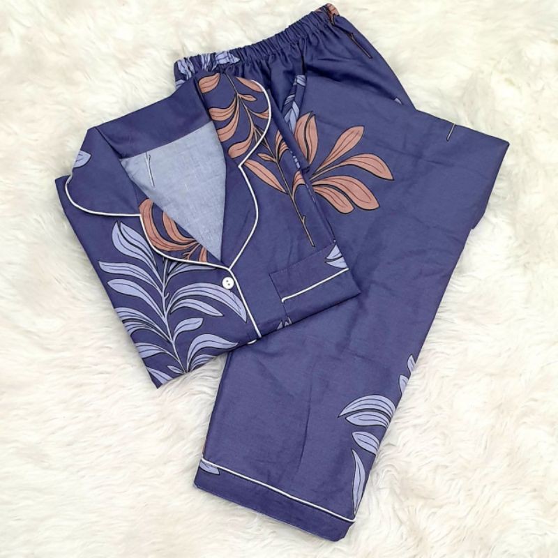 Baju tidur wanita piyama CP bahan soft katun premium adem lembut all size-Daun grey