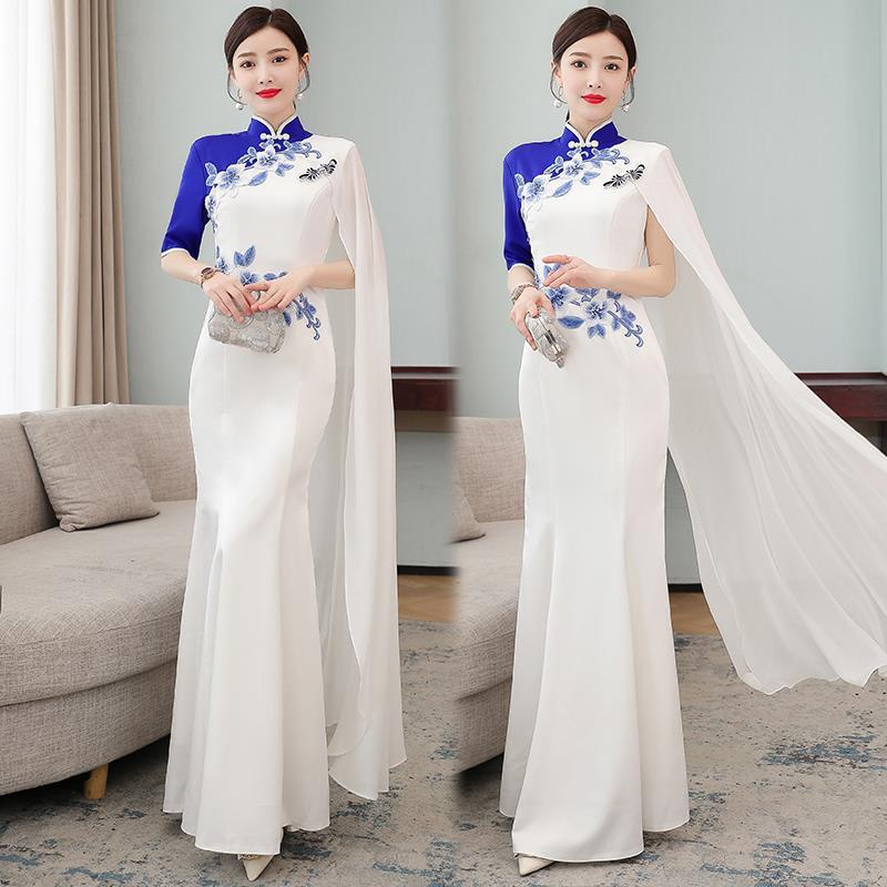 New Chinese style long dress banquet evening dress model walk show group performance dress celebrati