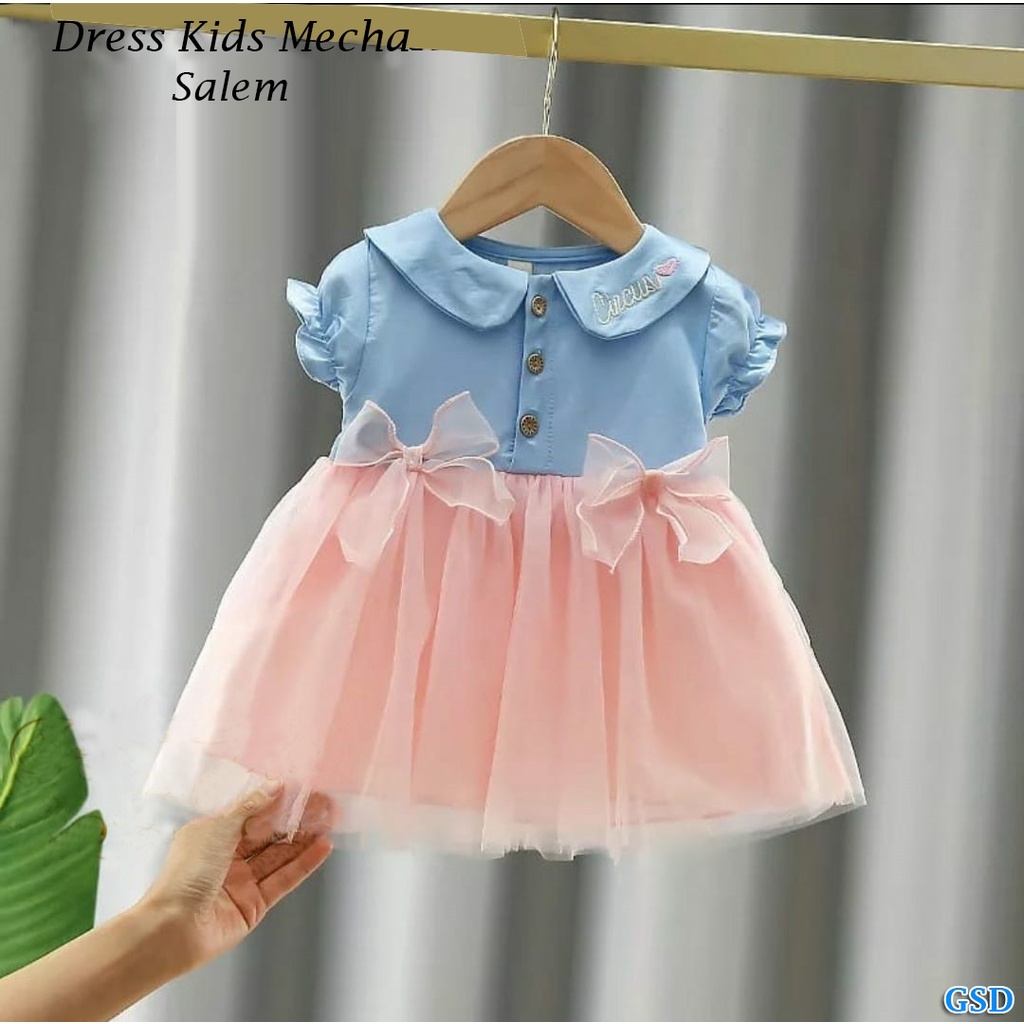 Kids Mecha/ Dress Anak Modern Bahan Jeans Wash Kombi Furing Tile Polos Krah Tulisan Sablon Usia 2 Tahun Sampai 4 Tahun