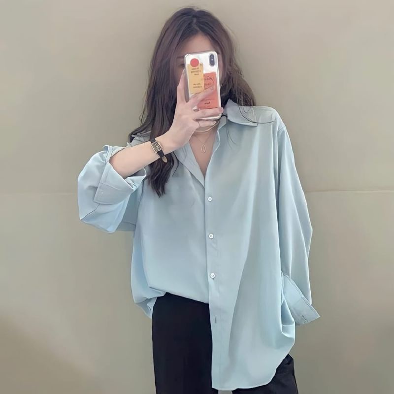 Oversize Korea kancing kemeja Oversize / kemeja Korea kancing polos / kemeja katun wanita / kemeja w