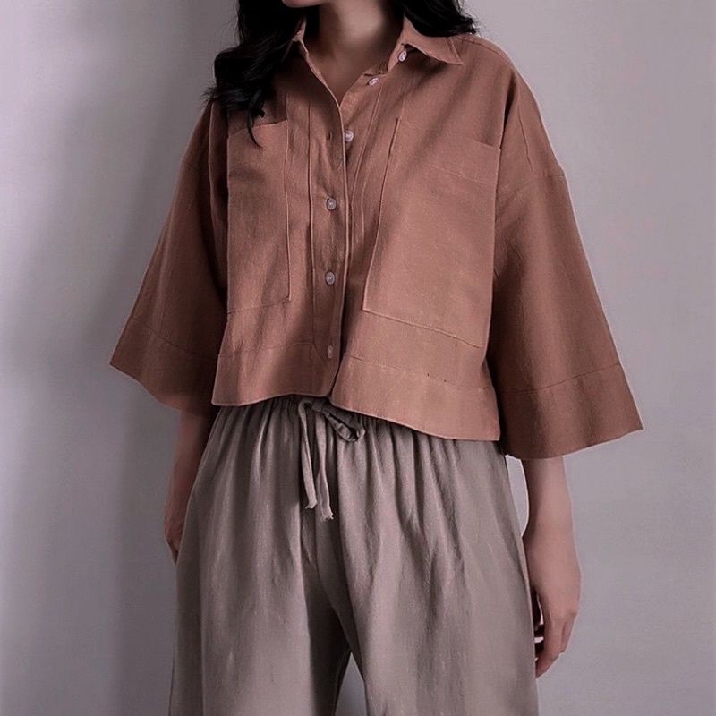 Kemeja Crop Linen oversize  Kemeja Shirt Linen  Outer Crop Linen