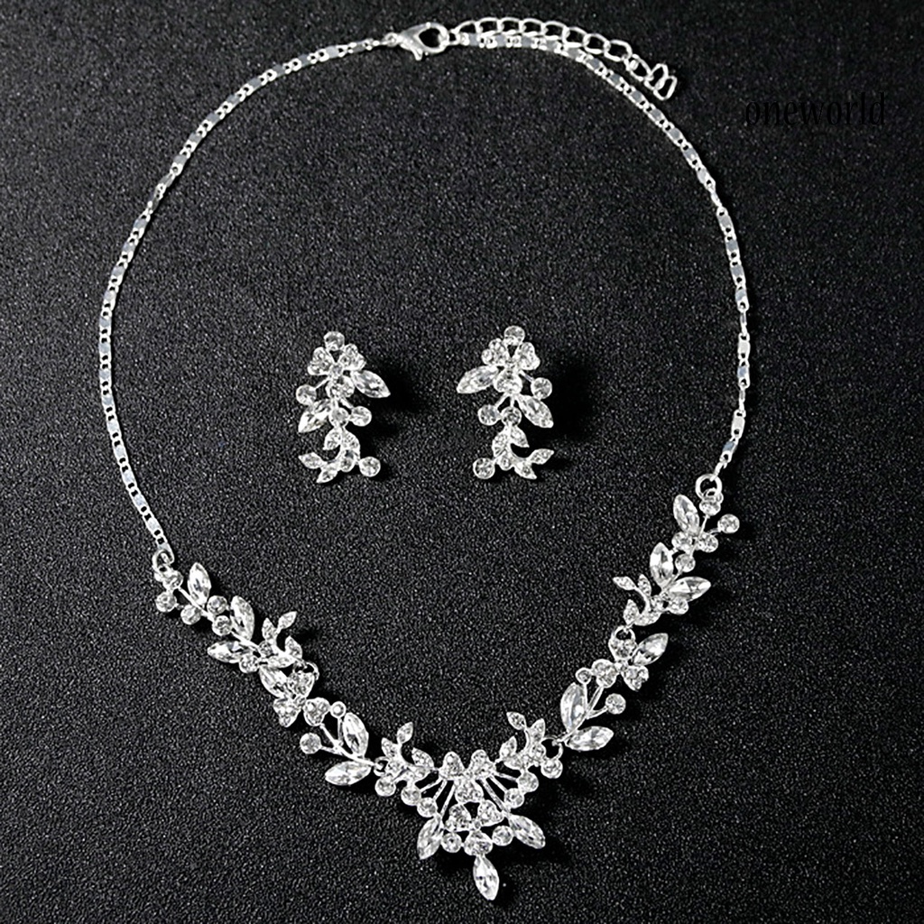 OW@ Women Wedding Party Rhinestone Shiny Floral Necklace Earrings Jewelry Set Gift