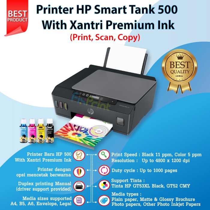 Printer HP Smart Tank 500 Print Scan Copy 4SR29A Tinta HP GT53 GT52