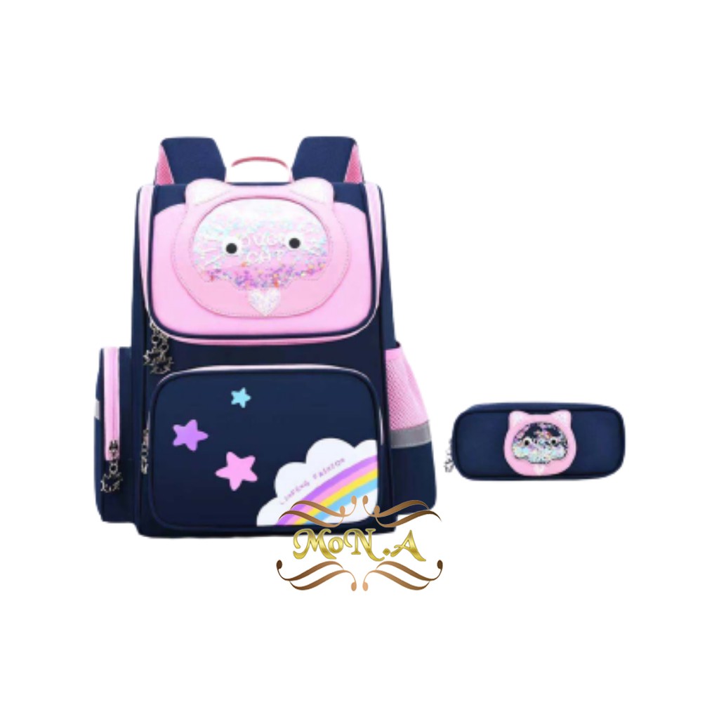 [MONA] 2 IN 1 Tas Ransel Motif Kucing untuk Perempuan + Tempat Pensil - Kualitas Import Premium -M0173