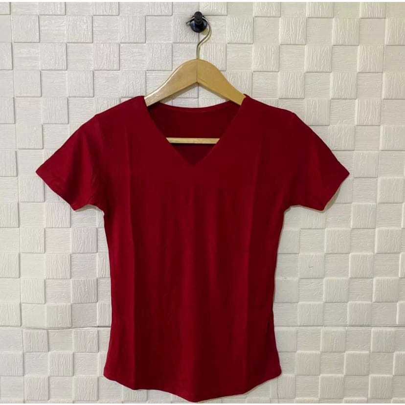 atasan polos vneck lengan pendek wanita/kaos vneck/atasan vneck/pakaian wanita/kaos polos/syafiqa-MERAH CABE