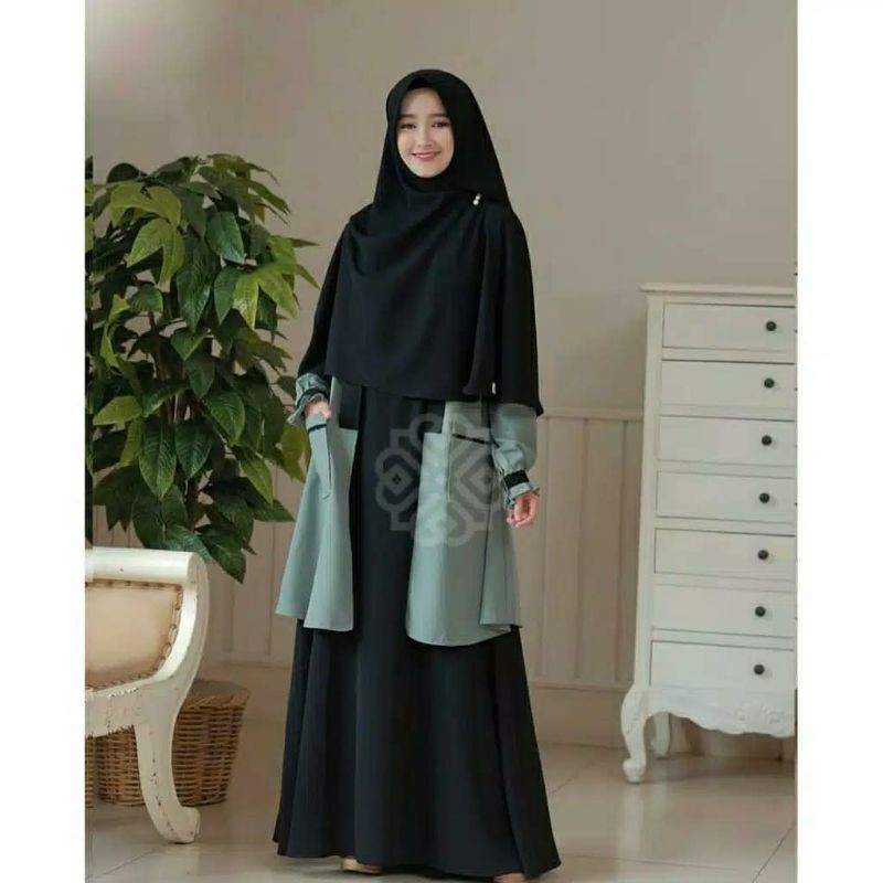 Elbina set(Dress+cardy)stelan baju muslim terbaru/dress plus cardy-Soft green -blak