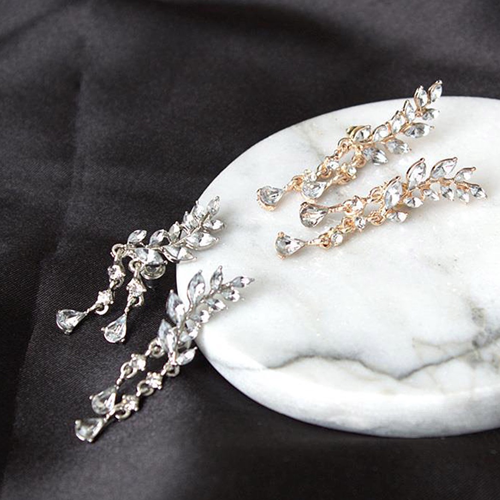 Hu Hu Hu Hu Hu Alat Bantu Pasang Kacamata♡ 1 Pasang Anting Tusuk Gantung Wanita Desain Daun / Tetesan Air Berkilau Untuk Pernikahan