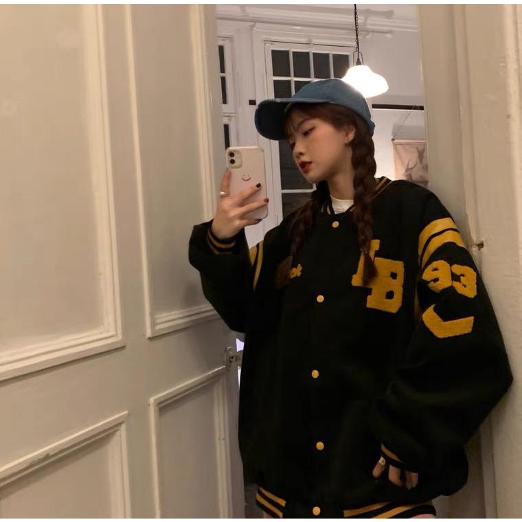 LB BLACK 93 VARSITY JACKET OVERSIZE PRIA WANITA SWEATER BASEBALL FASHION TERKINI CASUAL FASHION FLEECE TEBAL