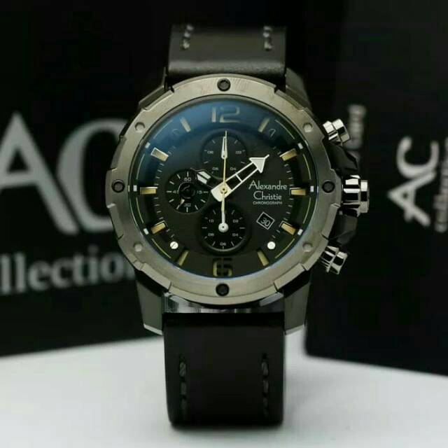 JAM TANGAN PRIA / COWOK ALEXANDRE CHRISTIE BLACK GREY TALI KULIT ORIGINAL - HITAM AC 6410 LAKI STRAP