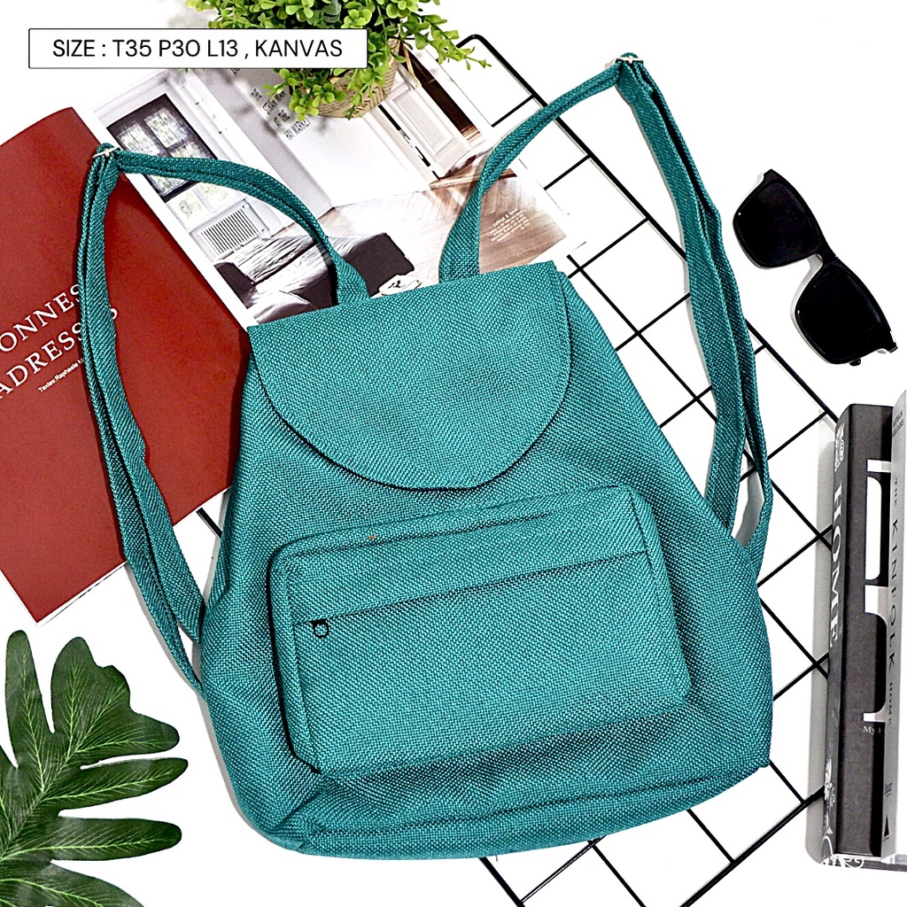 Bayar di Tempat COD Tas Ransel Serut Bahan Kanvas KANTONG Depan Ukuran Medium tas punggung wanita-Warna 568