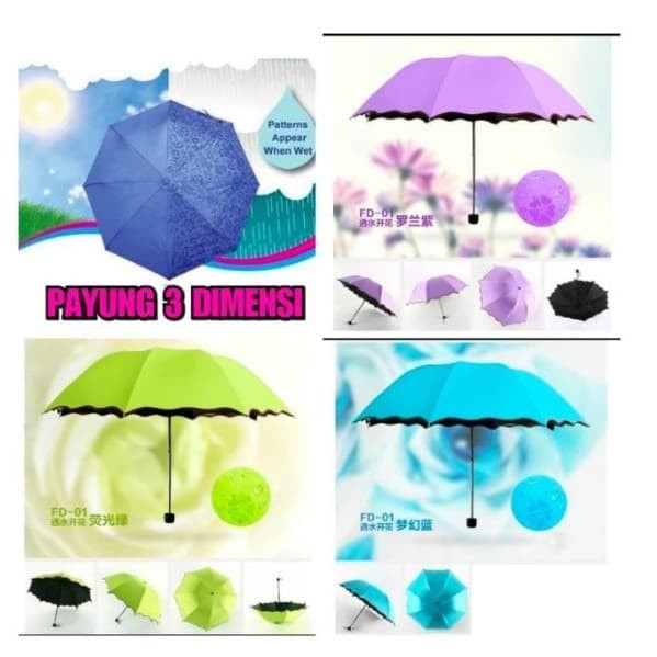 Payung Hujan Lipat Magic 3D - muncul motif bunga Jika Basah -  BONUS SARUNG PAYUNG