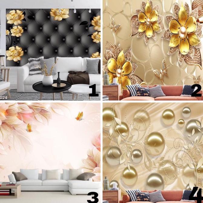 WALLPAPER 3D CUSTOM FLOWER GOLD WALLPAPER DINDING MOTIF 3D FLOWER RED Termurah