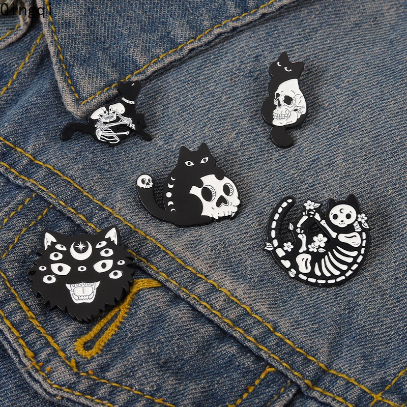 Bros Pin Enamel Desain Kartun Kucing Hitam Gaya Punk Untuk Anak