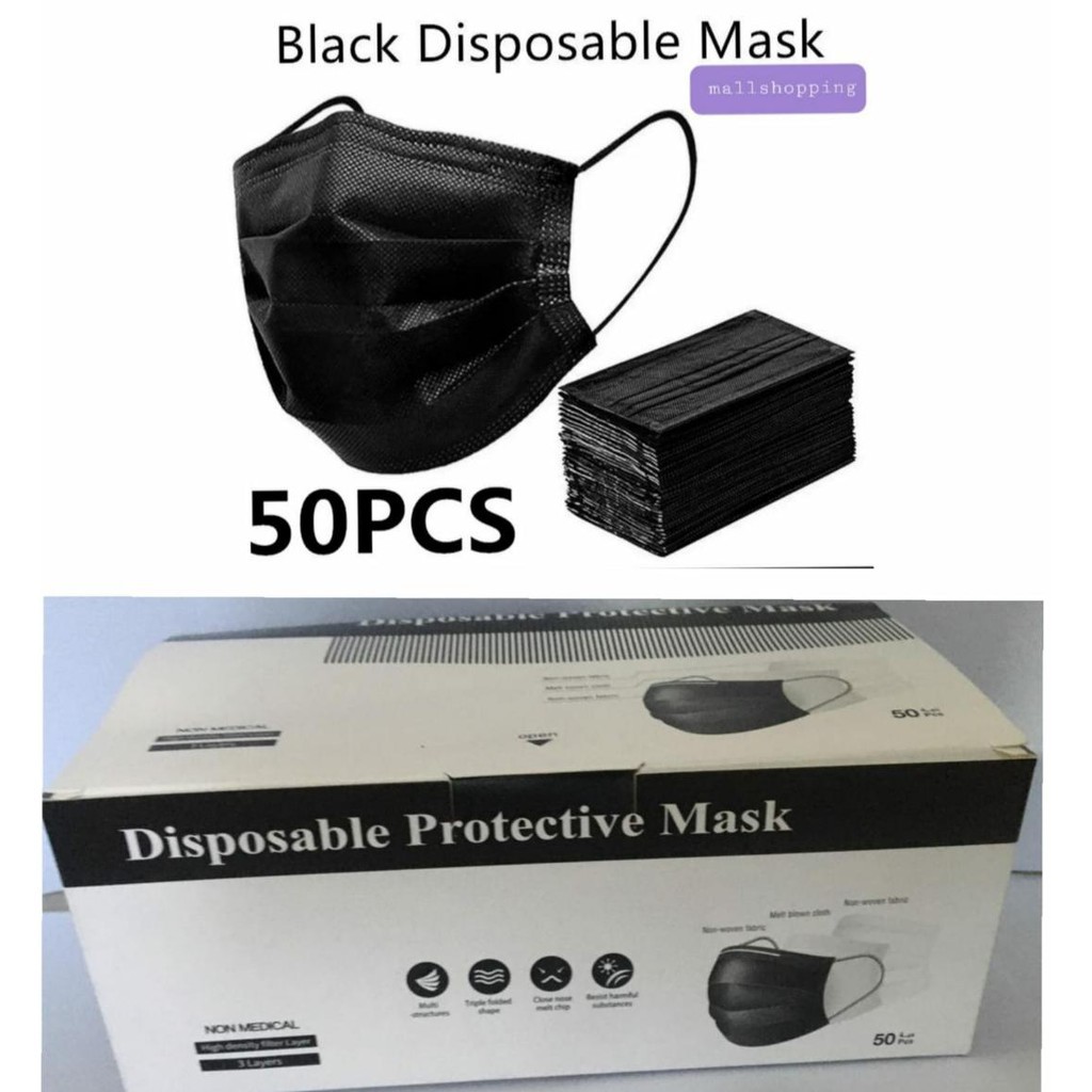 Masker 3ply Hitam disposable Kemenkes 1 box isi 50 pcs