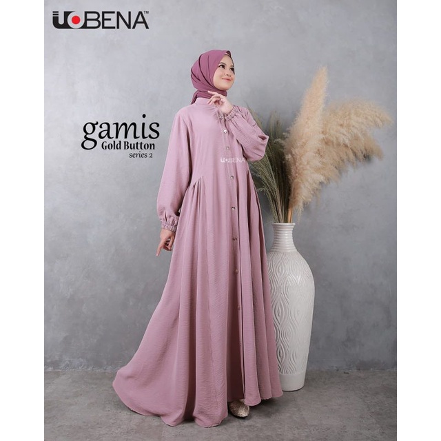 Gamis Syari Polos Terbaru Gold Button Crincle Airflow Adiba Busui Friendly Murah Ori Uobena