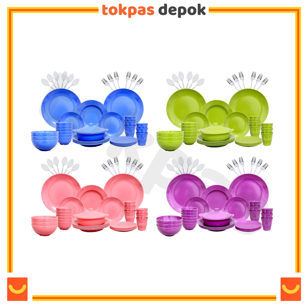 [42 PCS] Set Alat Makan Lengkap Piring, Gelas, Sendok, Mangkok, Garpu, Panci Sayur SET 42 pcs Golden
