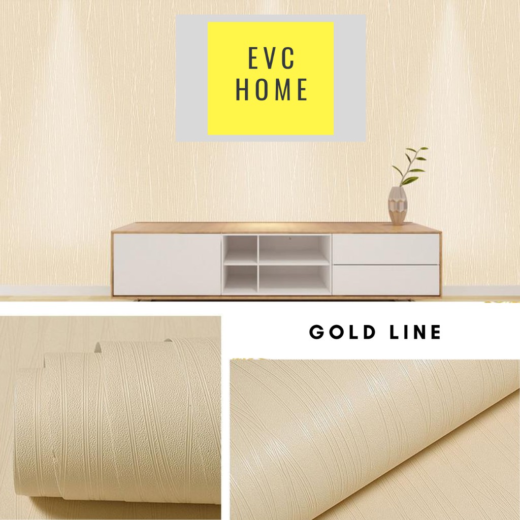 EVCHOME 45CM x 10M Wallpaper Sticker Dinding Polos 3D Korea Premium/Wallstiker Embos Dekorasi Dinding-Gold Line