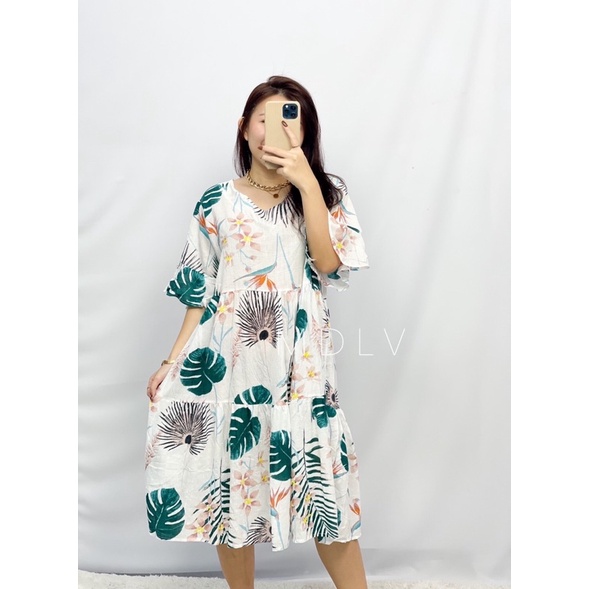 MDLV ~ 53009 Hervania Loose Dress Motif Daun Fashion Import