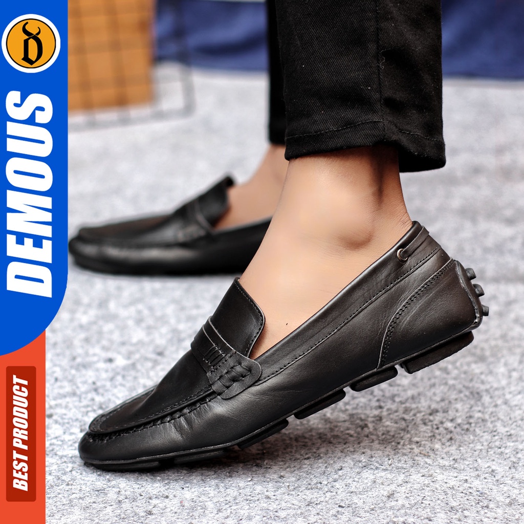 Sepatu Slip On Pria Sepatu Casual Pria Kulit Asli Kerja Kantor Kuliah Kondangan Sepatu Slop Pria Sepatu Hitam Pria DEMOUS VOXY