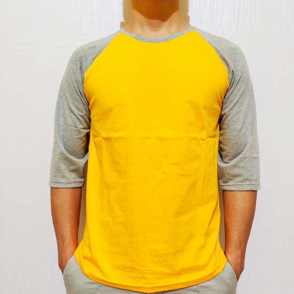 kaos polos reglan kuning lengan abu misty 3/4 20 22 S M L XL XXL