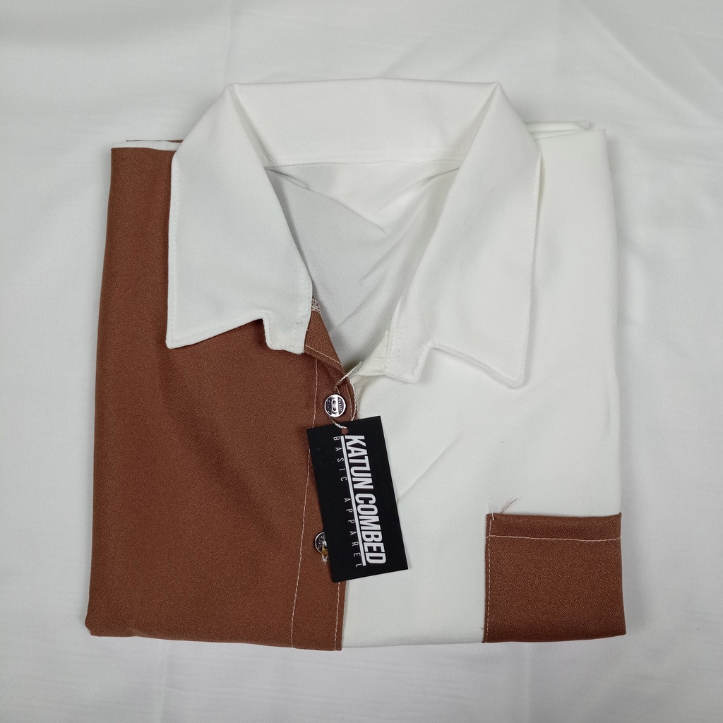 Kemeja Wanita Atasan Blouse Casual Polos Kombinasi Warna Lengan Panjang Model Pinguin Bahan Moscrepe-3