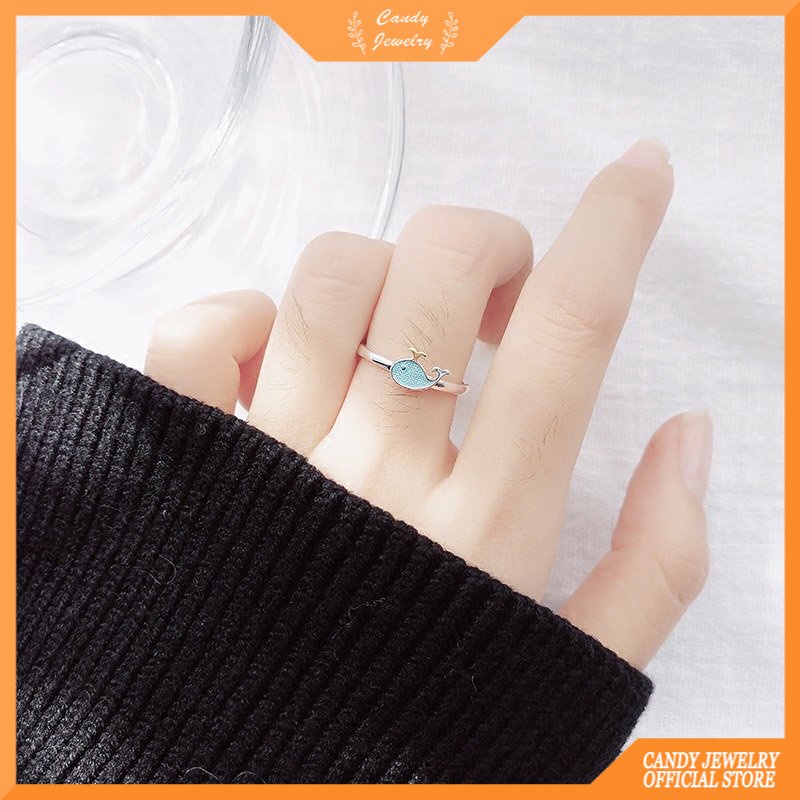 Cincin Model Terbuka Desain Ikan Paus Biru Gaya Korea Untuk Wanita