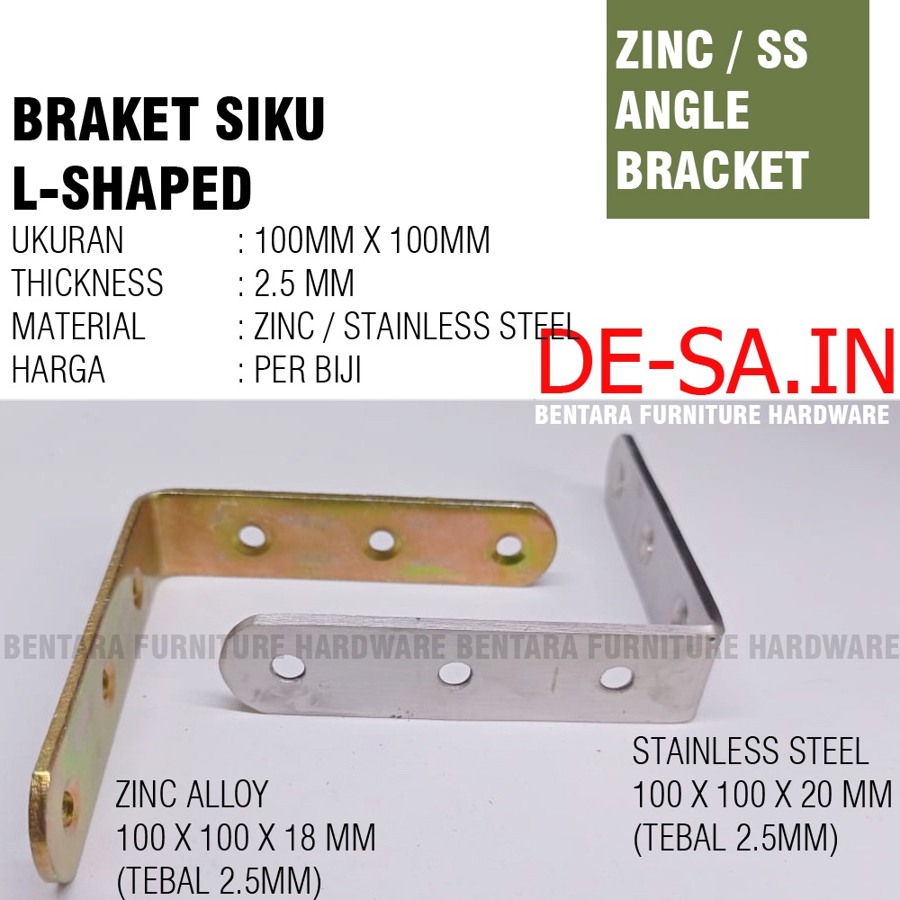 100 MM Siku Stainless Steel / Zinc Plate Braket Siku Tebal 100 x 100 MM - L-Shaped Angle Bracket Fastener