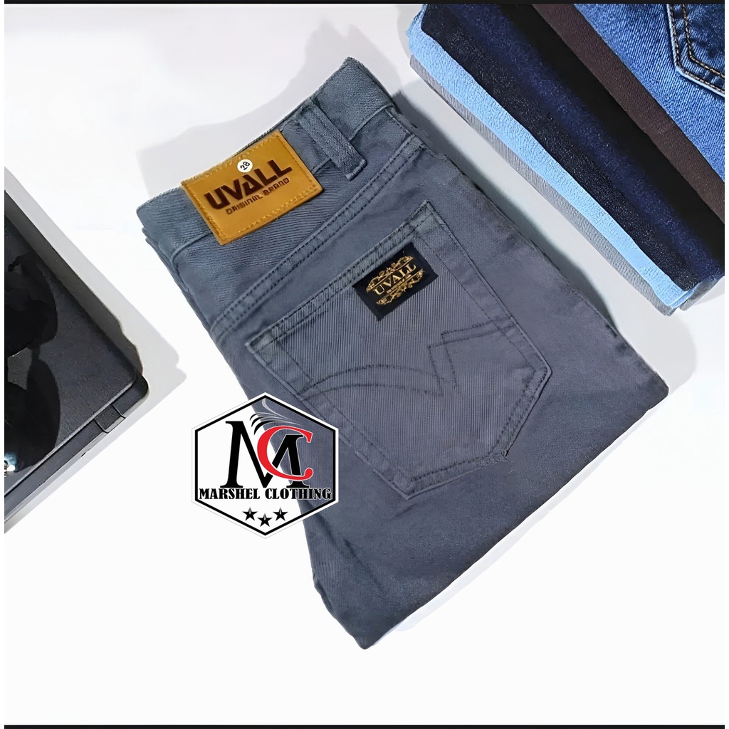 RCL - Celana Jeans Uvall Model Standar Regular Uval Pria Coklat Cream Biru Navy Hitam Biowash Bioblitz Blueblack Biru Muda Brown Dark blue (28-38) Terlaris