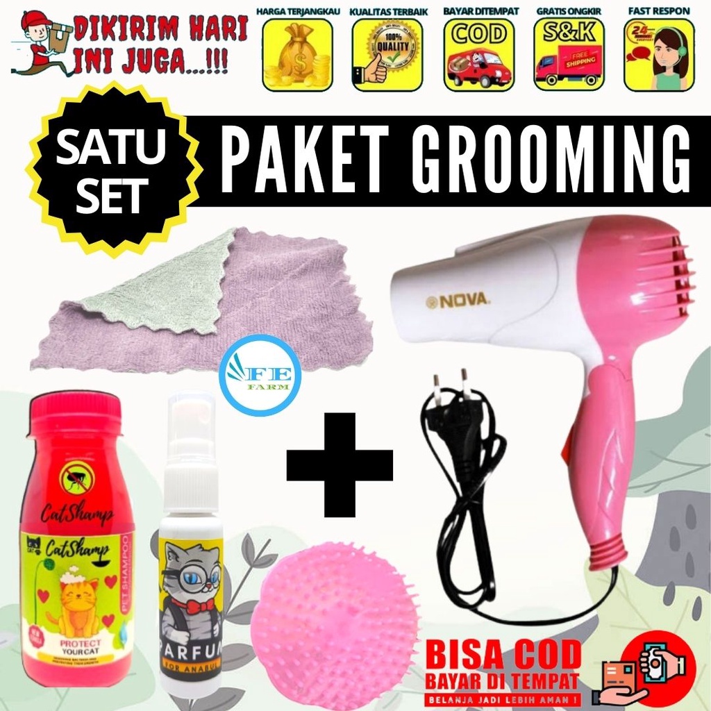 PAKET GROOMING HEWAN MANDI KUCING HAIR DRYER + HANDUK MICROFIBER + SISIR + SHAMPO FEFARM