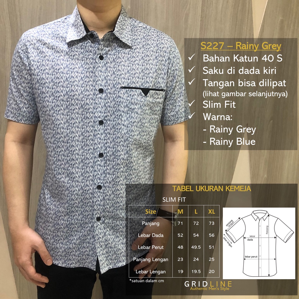 [GRIDLINE S326 Aqua Blue &amp; Butter Yellow - S227 - Rainy Blue] Kemeja Pria Cowok Katun Lengan Pendek Slimfit Casual Simpel