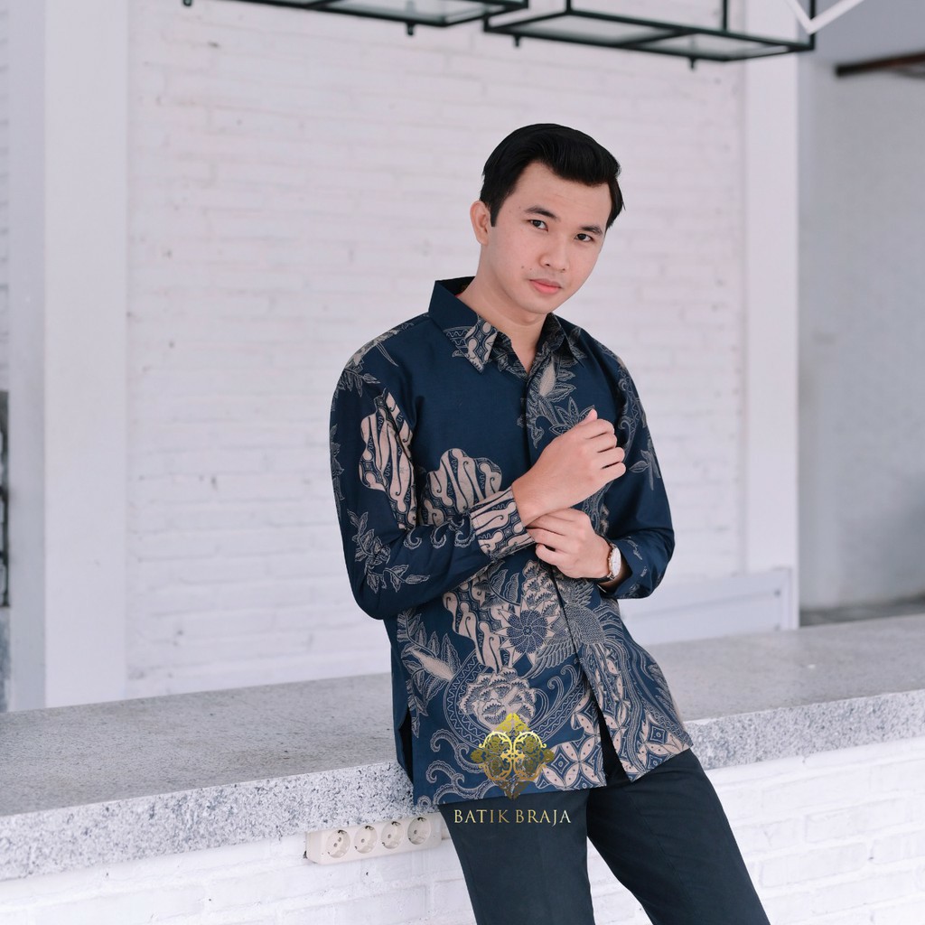 batik pria lengan panjang modern navy terbaru kemeja batik premium