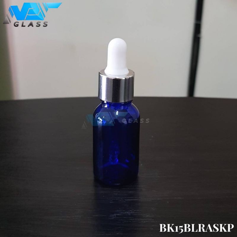 botol kaca pipet 15ml biru - ring almunium silver