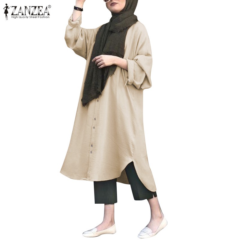 ZANZEA Women Casual Crew Neck Buttons Plus Size Muslim Dress