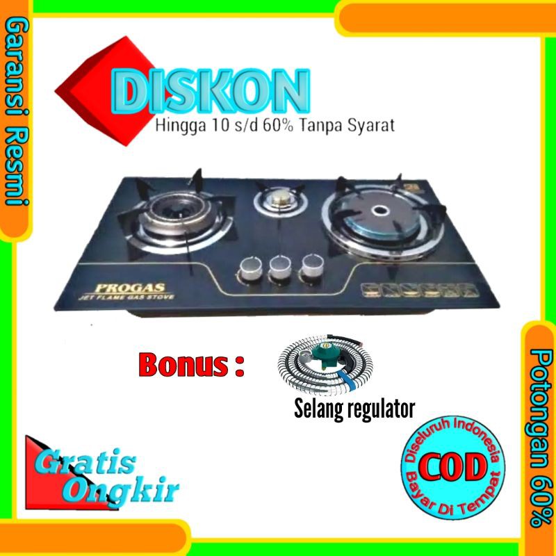 PROGAS Kompor Gas Tanam 3 Tungku Kaca PG - 333 Infrared Tornado & Lilin
