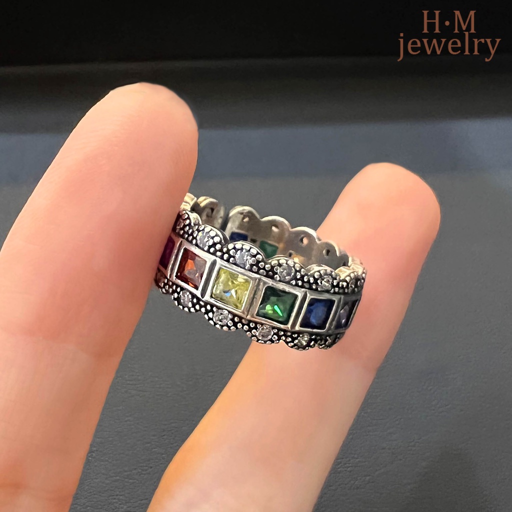 Cincin Model Terbuka Bahan Sterling Silver 925 Desain Renda Warna Pelangi Gaya Vintage Untuk Wanita