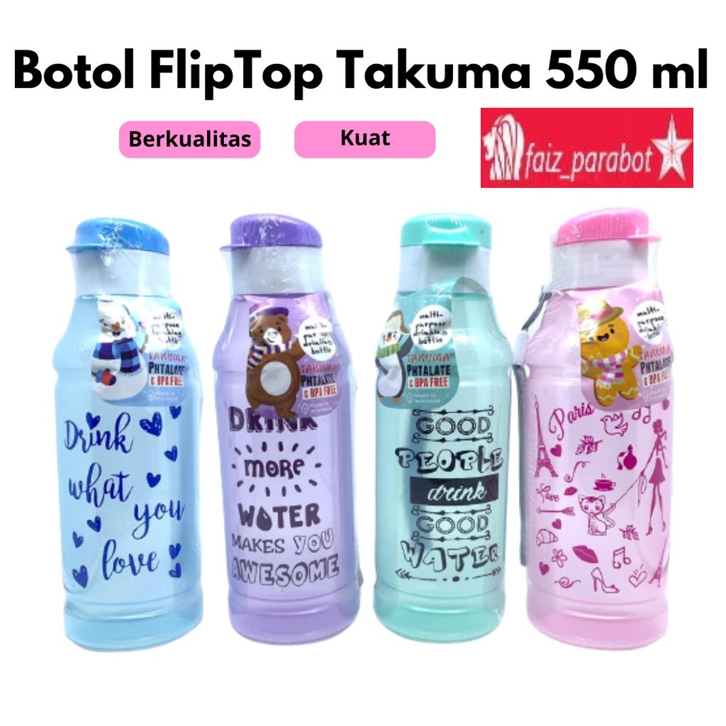 Botol Minum Fliptop Segi Takuma 550 ml Tali| Souvenir Ultah Acara lainnya