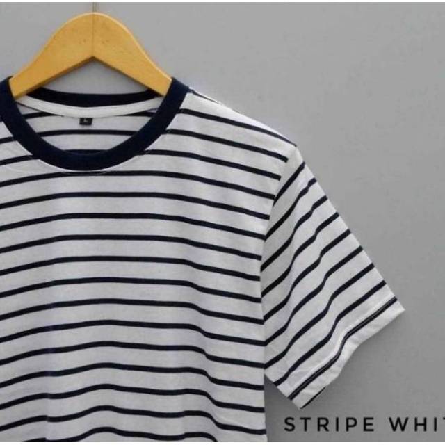 KAOS STRIPE DOMINAN PUTIH List HITAM, Cotton Premium