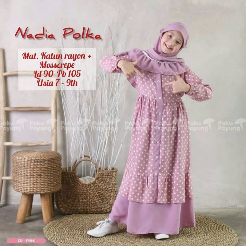 Set Dress Nadia Polka usia 7-9 Tahun