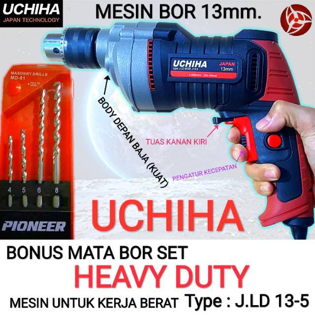 Mesin bor tangan uchiha 10mm & 13mm listrik  ORIGINAL komplit